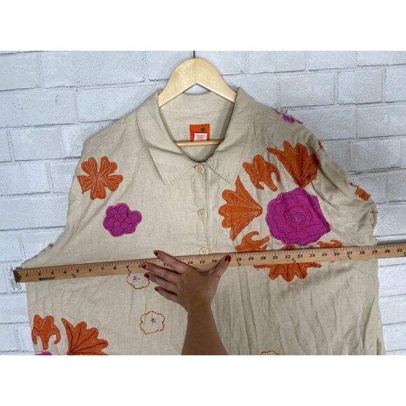 Hearts of Palm Womans 24 Embroidered LINEN Button Up Long Sleeve Shirt Tan Pink - Picture 7 of 8